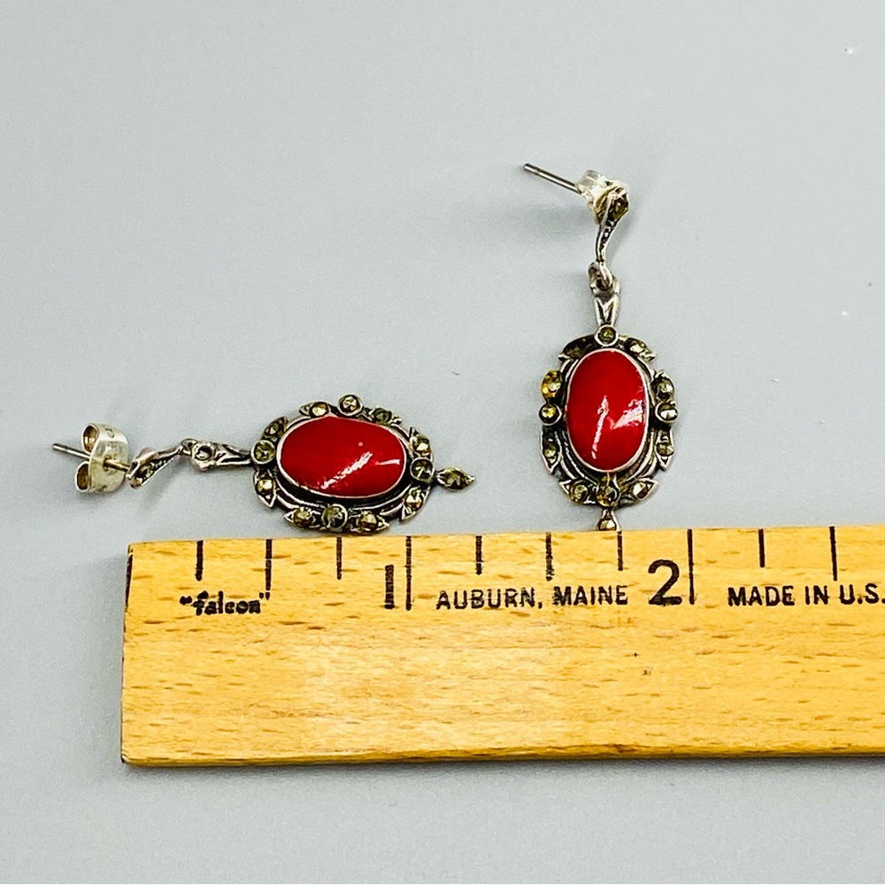 Vintage Sterling Silver Coral Red Cabochon & Marcasite Stones Earrings 1980s - Picture 8 of 16